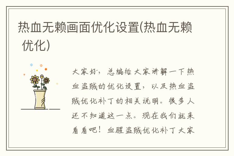 热血无赖画面优化设置(热血无赖 优化)