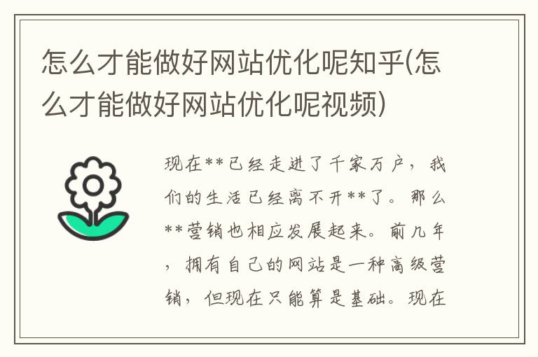 怎么才能做好网站优化呢知乎(怎么才能做好网站优化呢视频)