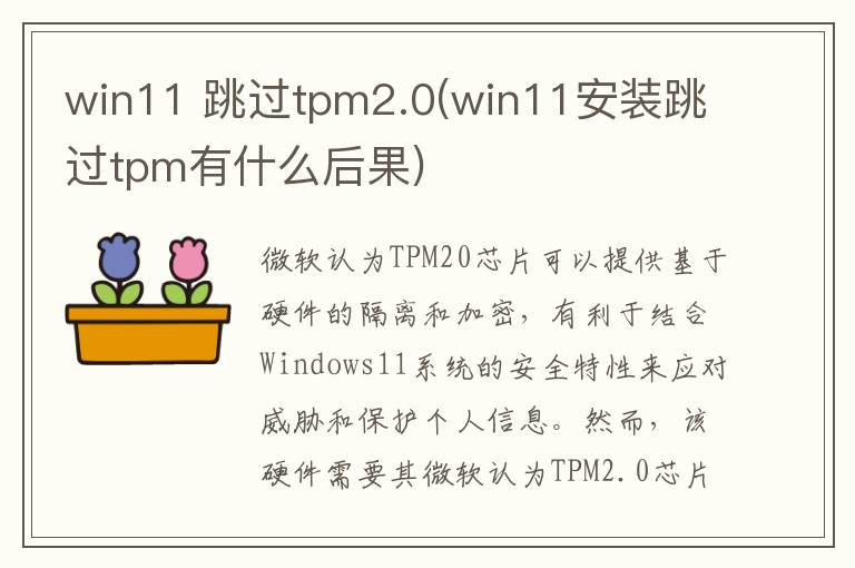 win11 跳过tpm2.0(win11安装跳过tpm有什么后果)