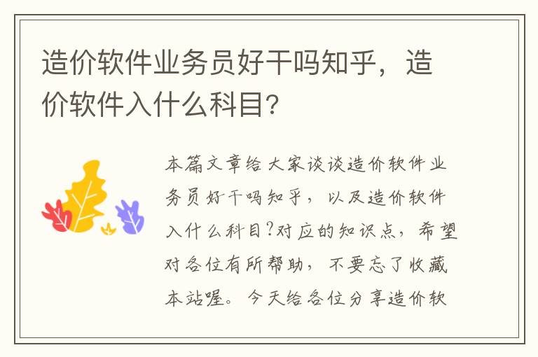 造价软件业务员好干吗知乎，造价软件入什么科目?